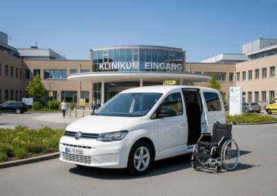 Speziell ausgestattetes Taxi für den Transport von Personen im Rollstuhl mit Rampe und Sicherungssystem.