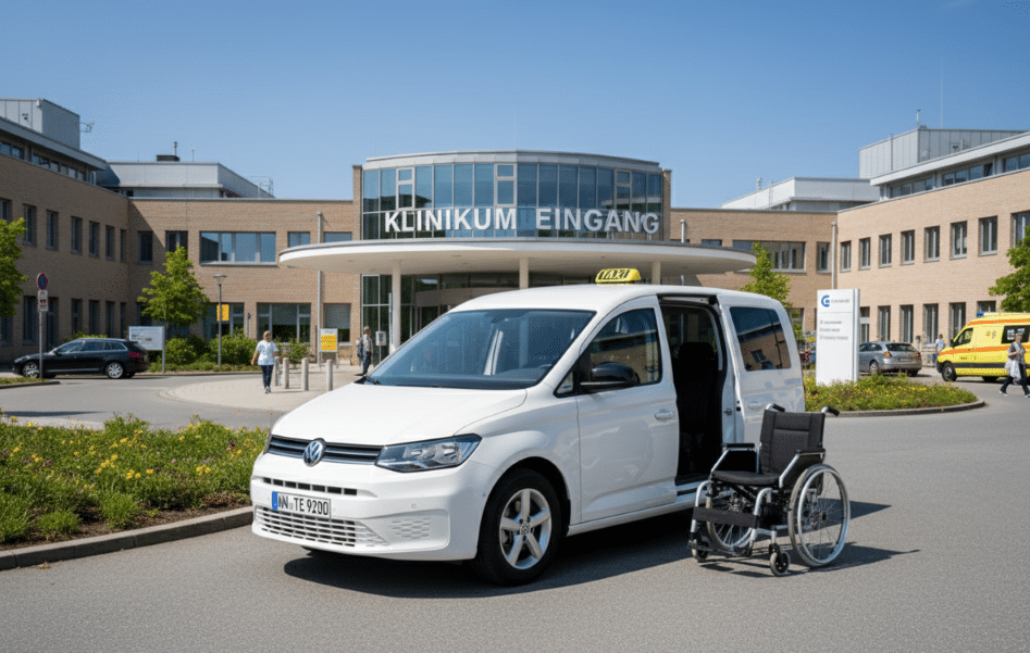 Speziell ausgestattetes Taxi für den Transport von Personen im Rollstuhl mit Rampe und Sicherungssystem.